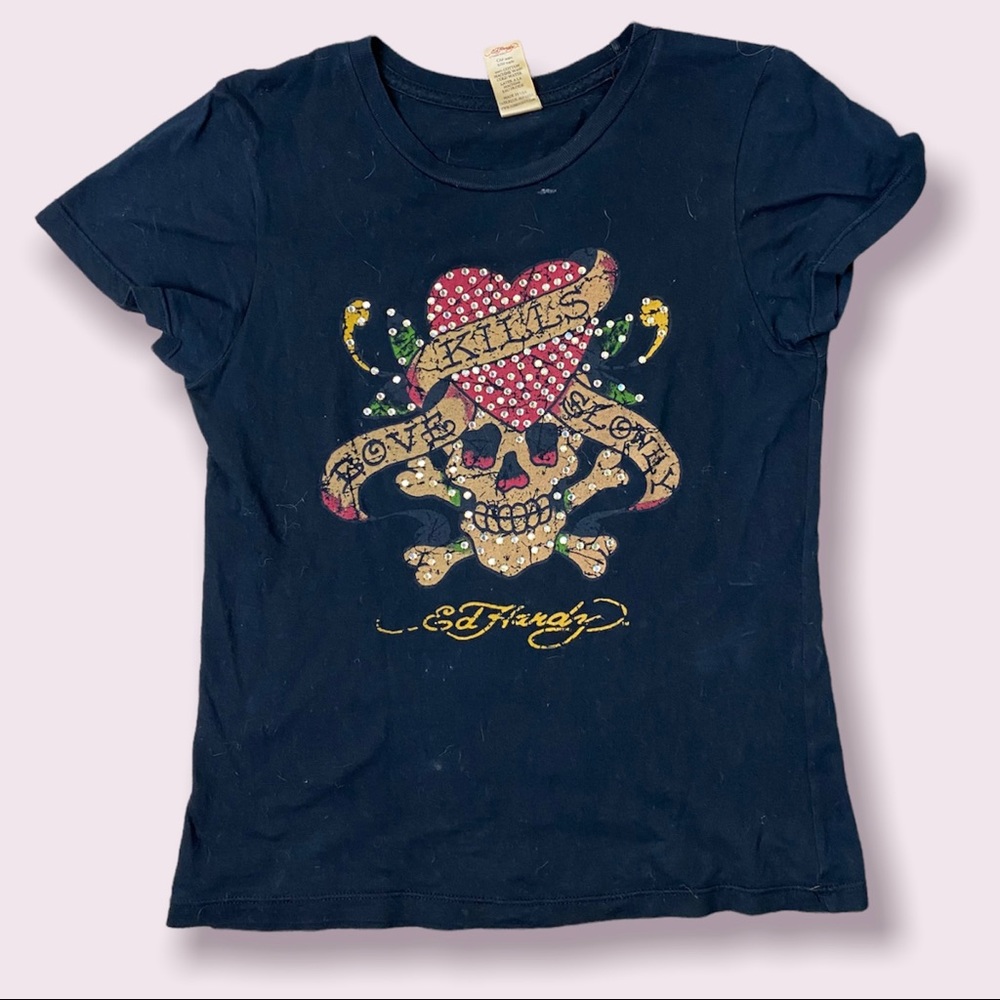Y2K Ed Hardy skull and heart graphic rhinestone baby tee - Picture 1 of 5